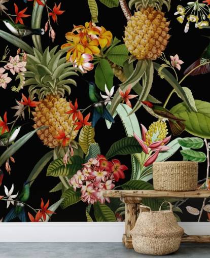 Carta da parati scura con ananas, uccelli e fiori