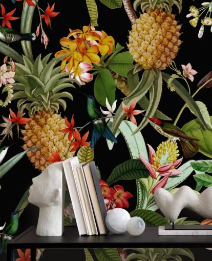 Ananas, fåglar och blommor mörk tapet Ananas, fåglar och blommor mörk tapet