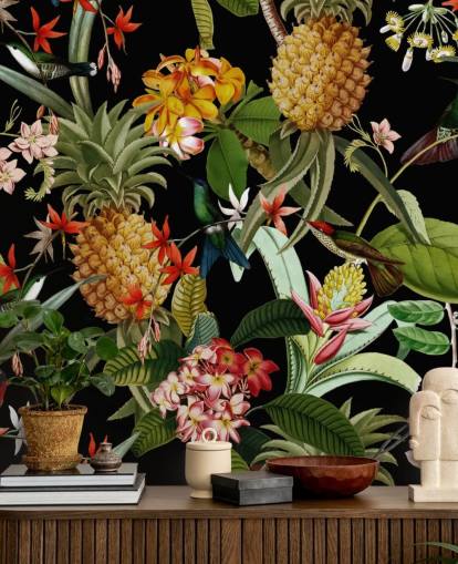 Papel de parede escuro de abacaxi, pássaros e flores