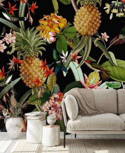 Ananas, Linnut ja kukat Tumma Taustakuva