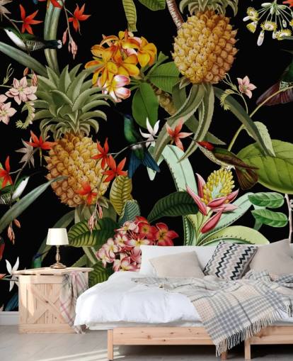 Ananas, fugler og blomster Mørk Bakgrunn