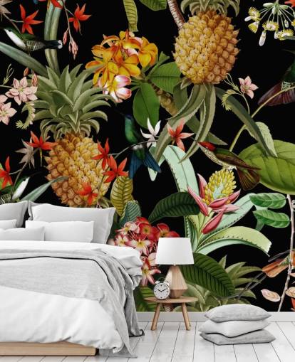 Papier peint foncé ananas, oiseaux et fleurs
