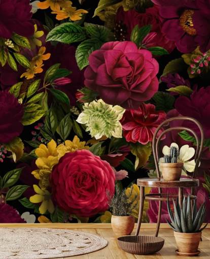 purple, pink and green floral wallpaper mural called Pink Rose Jungle by Uta Naumann for bedrooms and living rooms purple, pink and green floral wallpaper mural called Pink Rose Jungle by Uta Naumann for bedrooms and living rooms