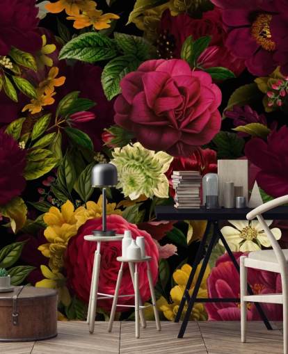 lilla, rosa og grønt blomstertapet veggmaleri kalt Pink Rose Jungle av Uta Naumann for soverom og stuer