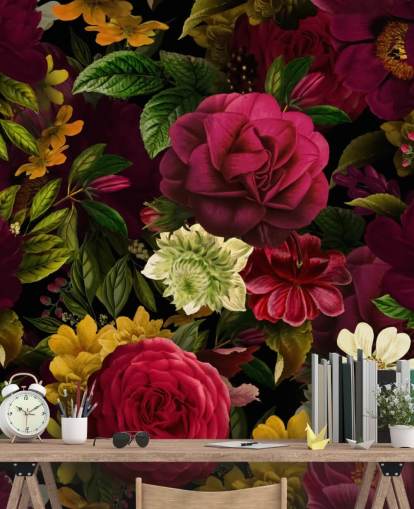 purple, pink and green floral wallpaper mural called Pink Rose Jungle by Uta Naumann for bedrooms and living rooms