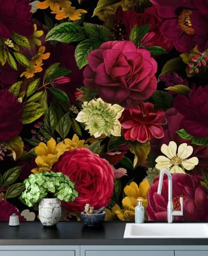 purple, pink and green floral wallpaper mural called Pink Rose Jungle by Uta Naumann for bedrooms and living rooms