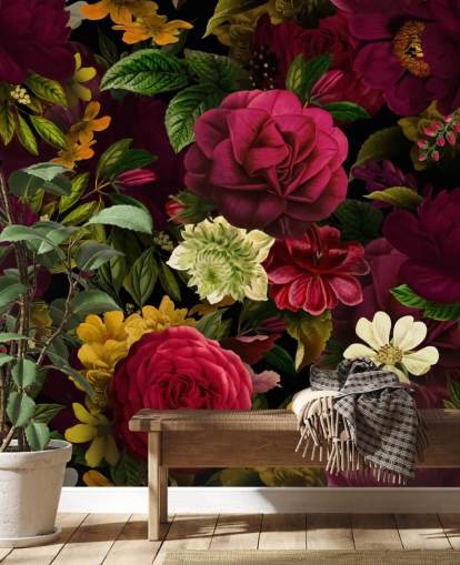 purple, pink and green floral wallpaper mural called Pink Rose Jungle by Uta Naumann for bedrooms and living rooms