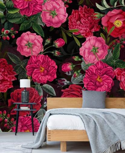 Deep Pink Roser med grønne blader på svart bakgrunn bakgrunn