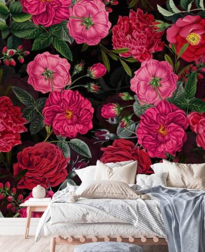 Papel pintado Rosas de color rosa oscuro con hojas verdes sobre fondo negro