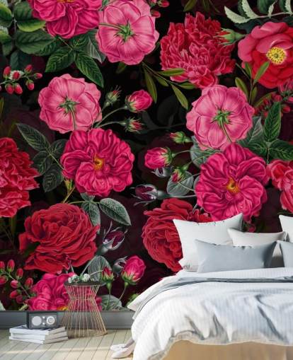 Rose rosa intenso con foglie verdi su sfondo nero carta da parati