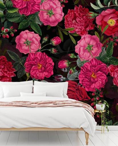 Papier peint rose foncé avec des feuilles vertes sur fond noir