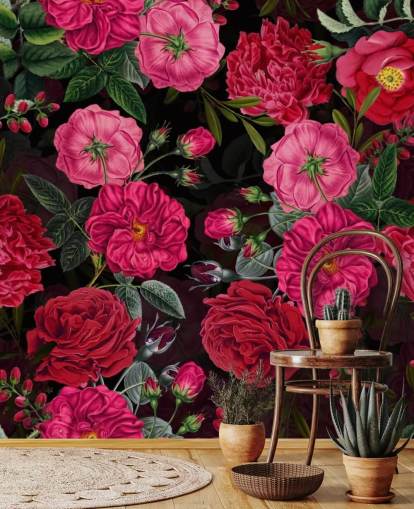 Rosas cor de rosa profundo com folhas verdes no papel de parede de fundo preto Rosas cor de rosa profundo com folhas verdes no papel de parede de fundo preto