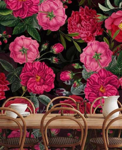 Rosas cor de rosa profundo com folhas verdes no papel de parede de fundo preto Rosas cor de rosa profundo com folhas verdes no papel de parede de fundo preto