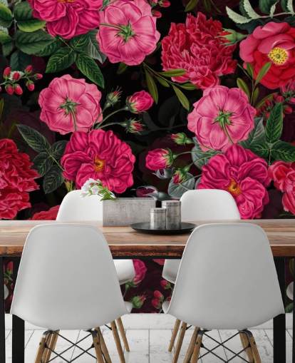 Djupa rosa rosor med gröna blad på svart bakgrund Bakgrund Djupa rosa rosor med gröna blad på svart bakgrund Bakgrund