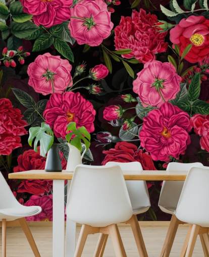 Deep Pink Roses med grønne blade på sort baggrund tapet