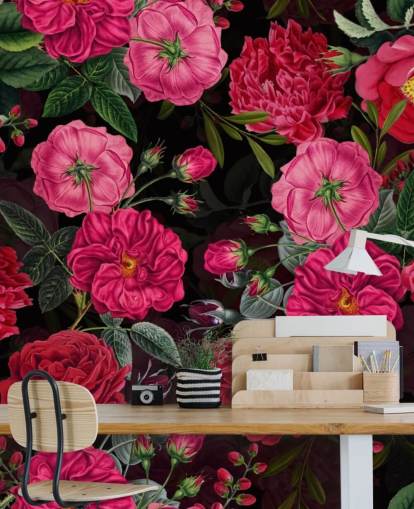 Deep Pink Roses with Green Leaves on Black Background Wallpaper