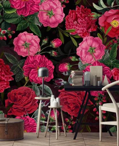 Dieproze rozen met groene bladeren op zwart achtergrondbehang Dieproze rozen met groene bladeren op zwart achtergrondbehang