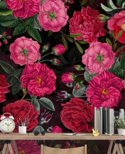 Deep Pink Roses med grønne blade på sort baggrund tapet Deep Pink Roses med grønne blade på sort baggrund tapet