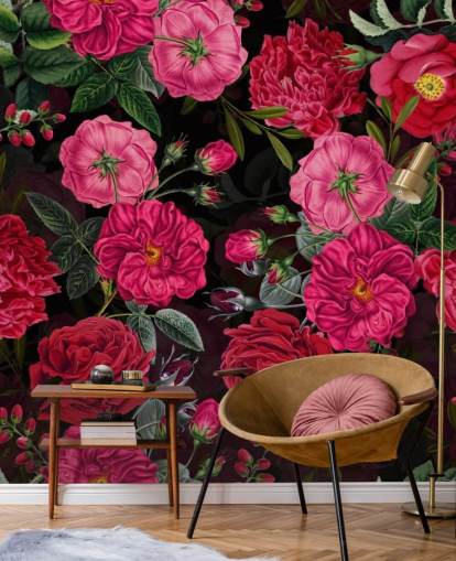 Deep Pink Roses with Green Leaves on Black Background Wallpaper Deep Pink Roses with Green Leaves on Black Background Wallpaper