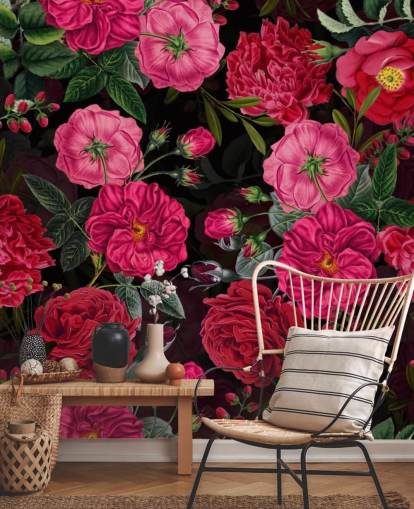 Deep Pink Roses with Green Leaves on Black Background Wallpaper