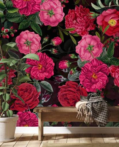 Papier peint rose foncé avec des feuilles vertes sur fond noir Papier peint rose foncé avec des feuilles vertes sur fond noir