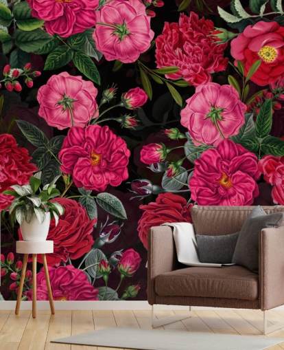 Dieproze rozen met groene bladeren op zwart achtergrondbehang Dieproze rozen met groene bladeren op zwart achtergrondbehang