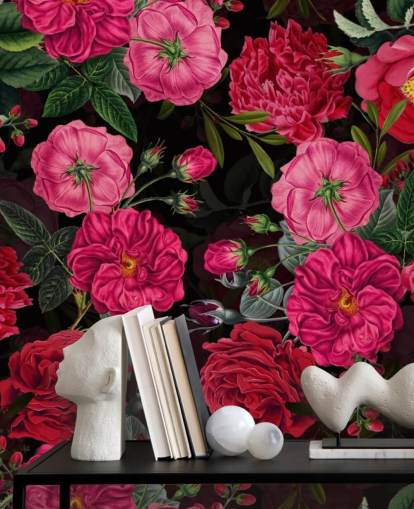 Deep Pink Roses with Green Leaves on Black Background Wallpaper