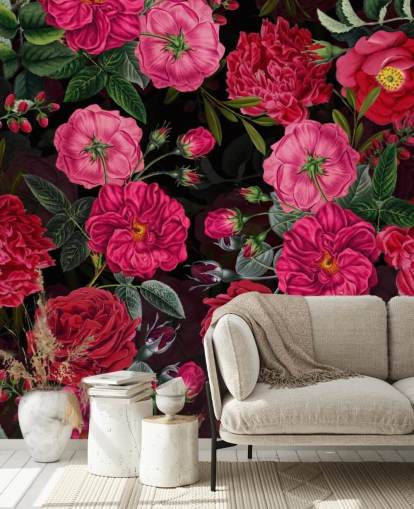 Deep Pink Roses with Green Leaves on Black Background Wallpaper