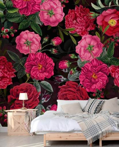 Papier peint rose foncé avec des feuilles vertes sur fond noir Papier peint rose foncé avec des feuilles vertes sur fond noir