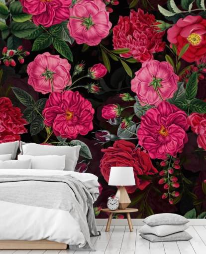 Papier peint rose foncé avec des feuilles vertes sur fond noir