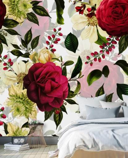 Papel de parede de belas rosas cor de rosa escuro com folhas verdes Papel de parede de belas rosas cor de rosa escuro com folhas verdes