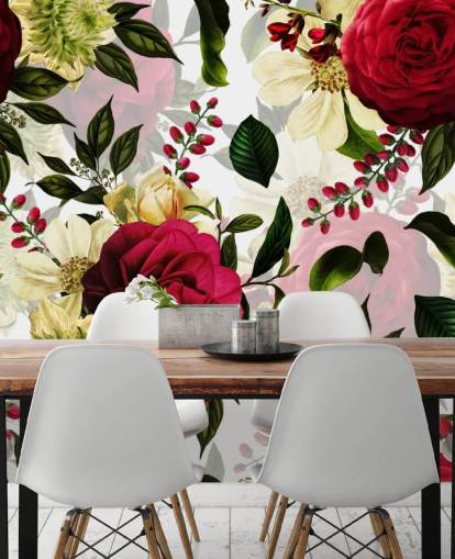 Papel pintado Rosas Rosas Oscuras con Hojas Verdes