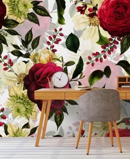 Papel de parede de belas rosas cor de rosa escuro com folhas verdes