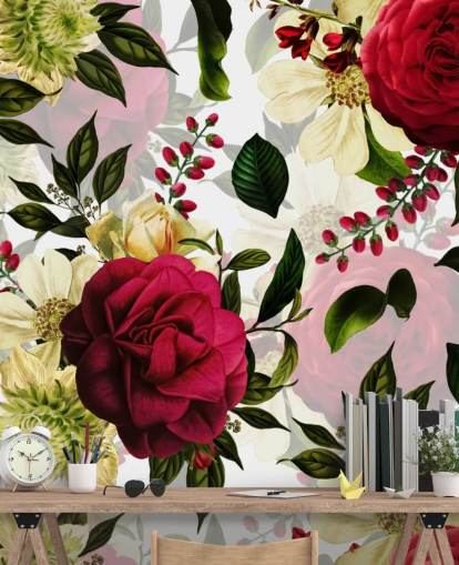 Papel de parede de belas rosas cor de rosa escuro com folhas verdes