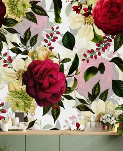 Papel pintado Rosas Rosas Oscuras con Hojas Verdes