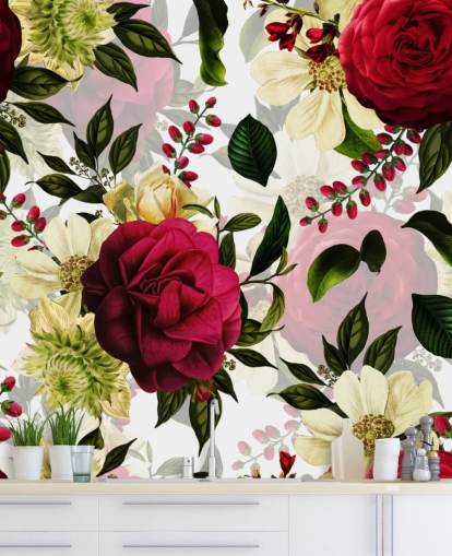 Papel de parede de belas rosas cor de rosa escuro com folhas verdes