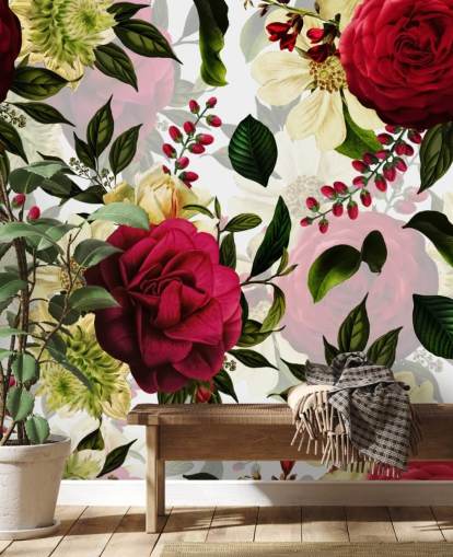 Papier peint de belles roses foncées avec des feuilles vertes