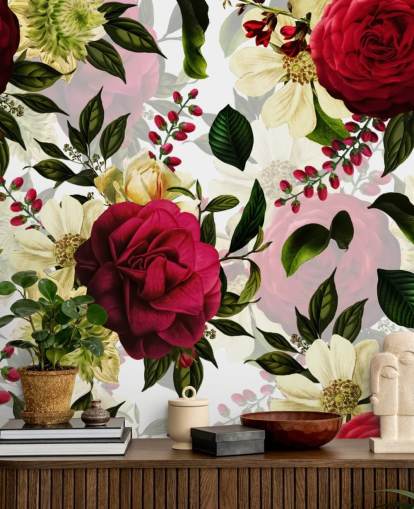 Papier peint de belles roses foncées avec des feuilles vertes Papier peint de belles roses foncées avec des feuilles vertes