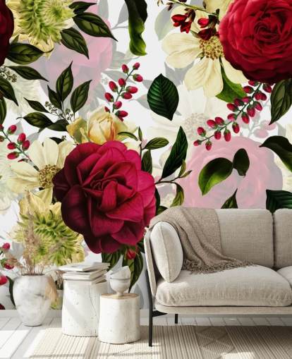 Papel de parede de belas rosas cor de rosa escuro com folhas verdes