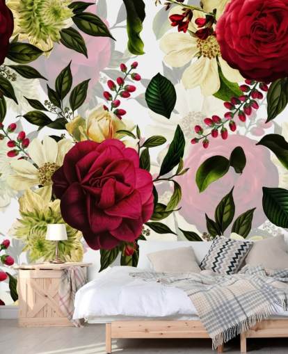 Papel de parede de belas rosas cor de rosa escuro com folhas verdes Papel de parede de belas rosas cor de rosa escuro com folhas verdes