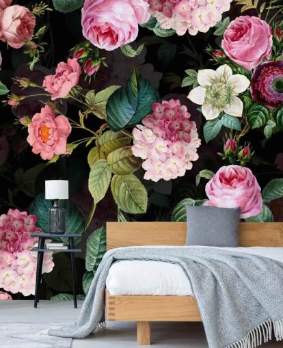 Mural de pared Rosas rosas y hojas verdes Mural de pared Rosas rosas y hojas verdes