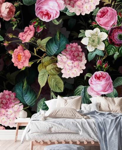 Mural de pared Rosas rosas y hojas verdes