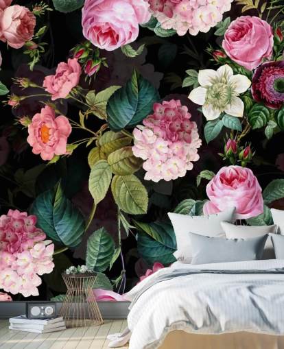 Mural de parede rosas cor de rosa e folhas verdes