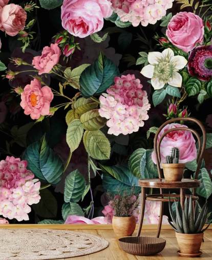 Papier Peint Fresque Roses et Feuilles Vertes