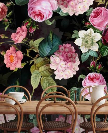 Mural de pared Rosas rosas y hojas verdes