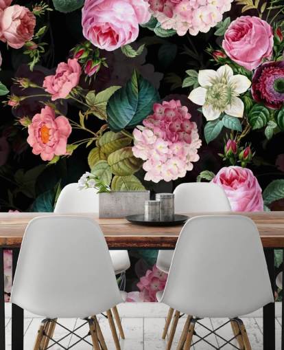 Papier Peint Fresque Roses et Feuilles Vertes