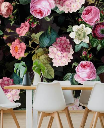 Mural de parede rosas cor de rosa e folhas verdes Mural de parede rosas cor de rosa e folhas verdes