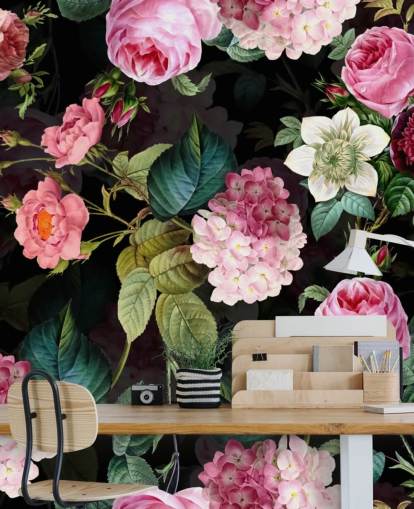 Rosa rosor och gröna blad väggmålning