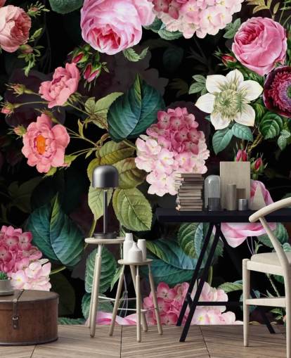 Mural de pared Rosas rosas y hojas verdes