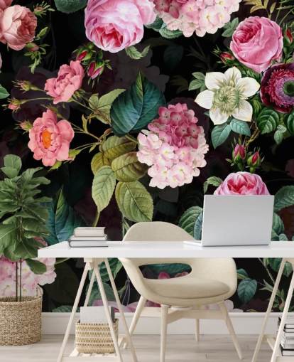 Mural de pared Rosas rosas y hojas verdes Mural de pared Rosas rosas y hojas verdes